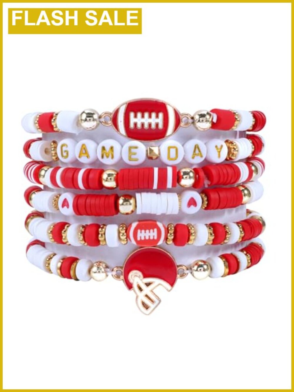 Stretchy Beaded Stackable Bracelets Set 6pc Football Game Day Charms